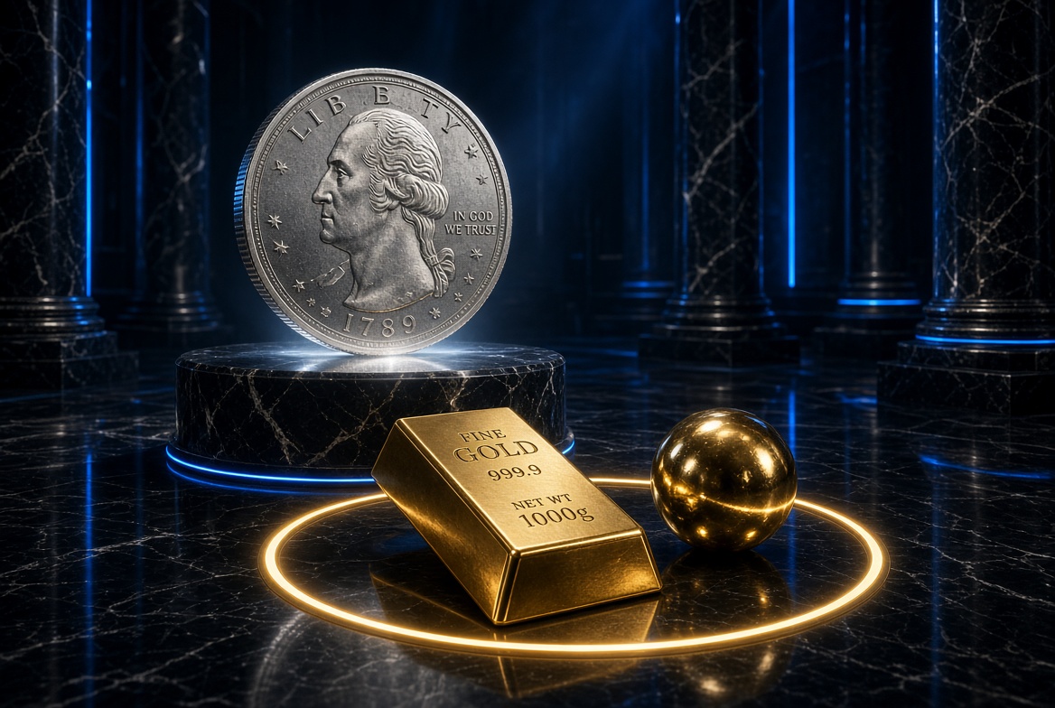 Silver coin on a marble pedestal with a gold bar and a gold sphere arranged on a glowing ring in a dark marble hall with blue lighting, conveying wealth and luxury.