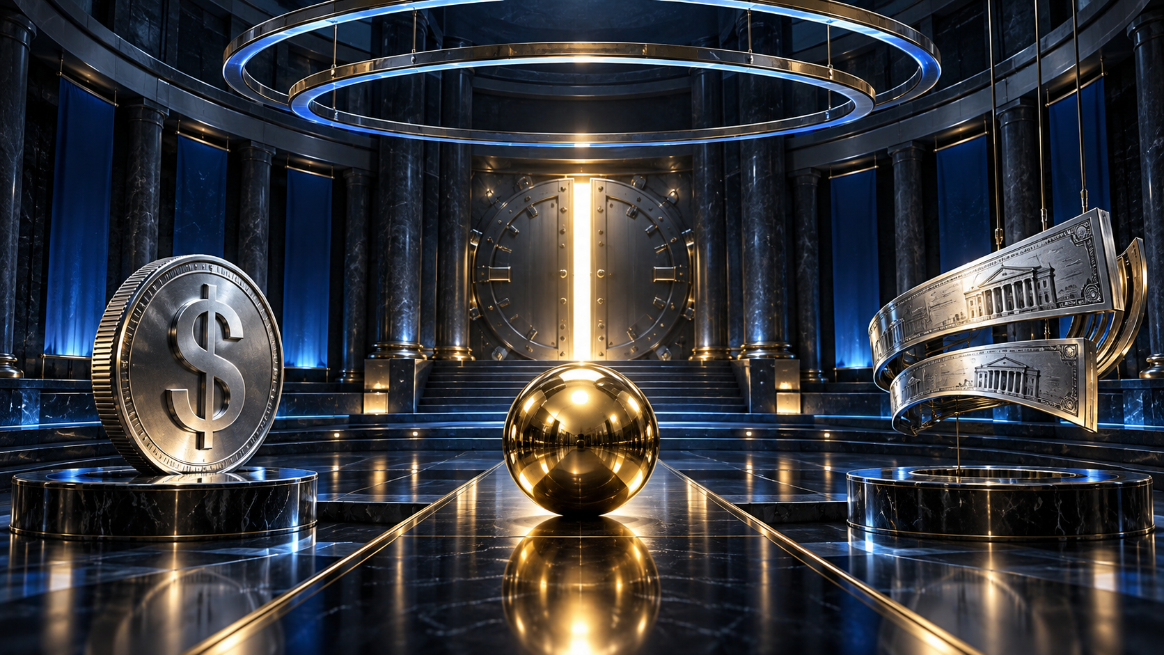 Luxurious bank vault with marble columns, a large steel vault door, and a central gold sphere flanked by a giant silver dollar coin and spiraling banknotes on the right.