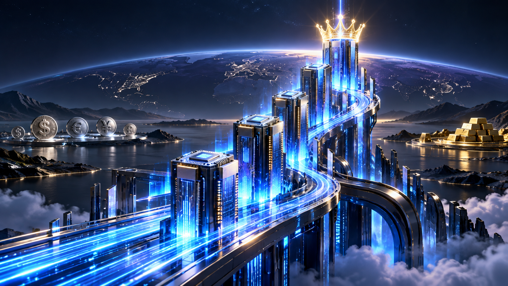 Futuristic neon-blue skyscraper city with a crown-topped tower, spiraling elevated highway, and distant Earth visible over a coins-and-gold-fortune landscape.
