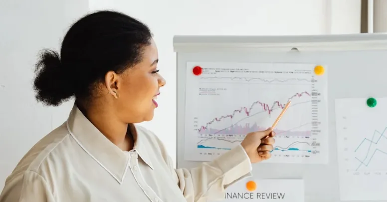 Analyst pointing to a price chart on a whiteboard.