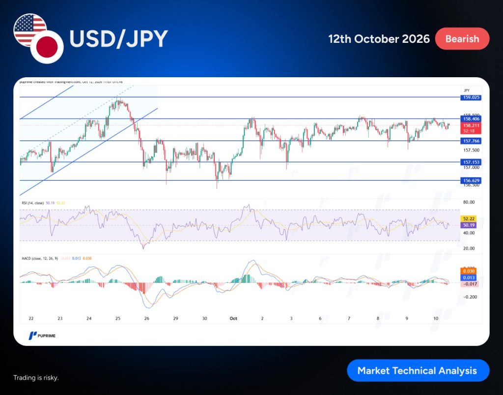 image – PU Prime | More Than Trading USD/JPY price chart with blue support and resistance lines, RSI and MACD panels beneath; Bearish label and Oct 12, 2026 date shown.