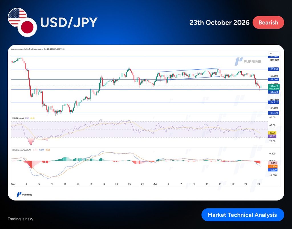 image PU Prime | More Than Trading USD/JPY market chart showing price movement with support/resistance lines and indicators (RSI, MACD); bearish bias on Oct 23, 2026.