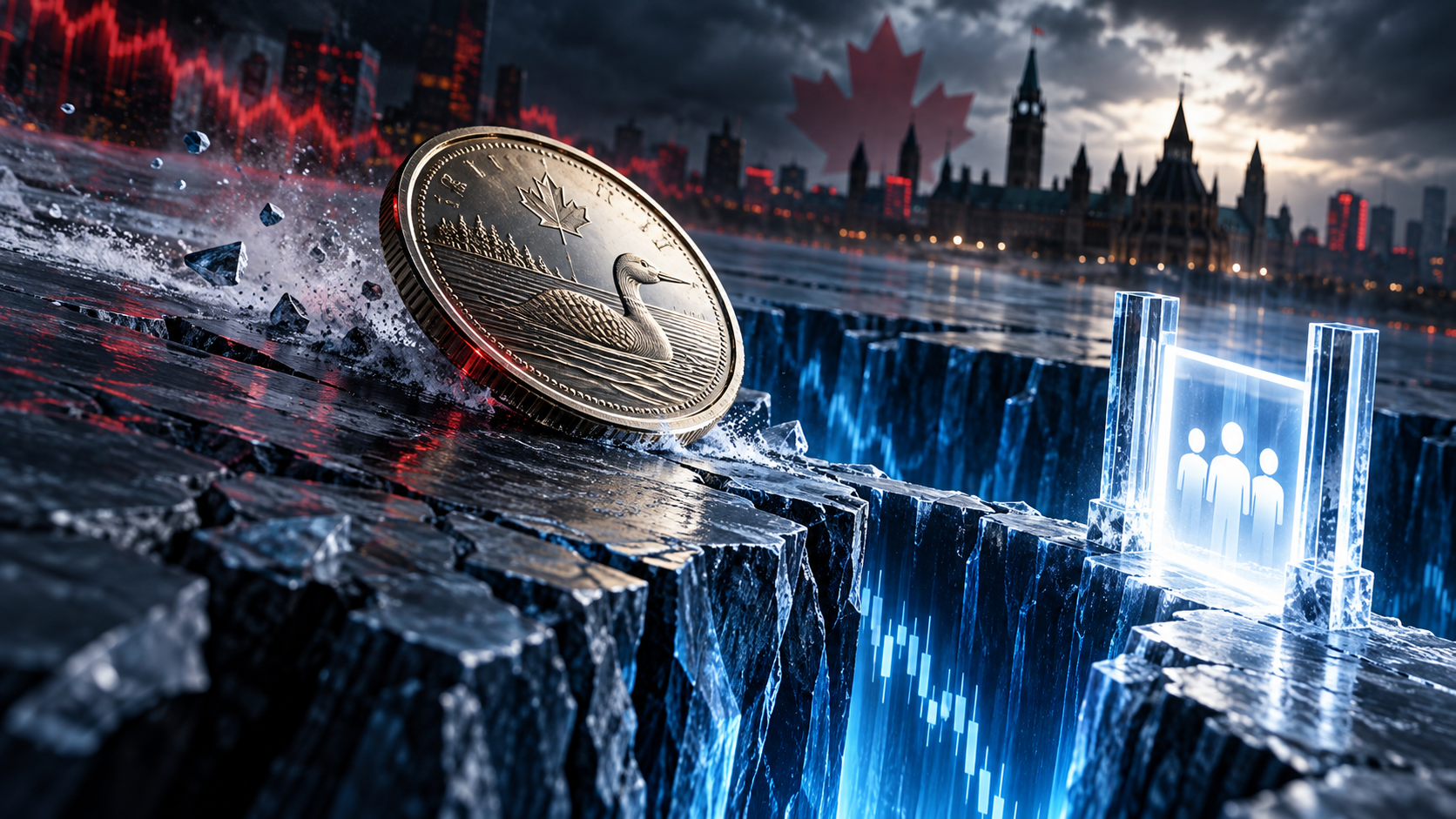 Canadian coin with maple leaf rests on cracked icy ground beside a glowing glass panel showing three person silhouettes, with a futuristic city and red stock graph in the background.