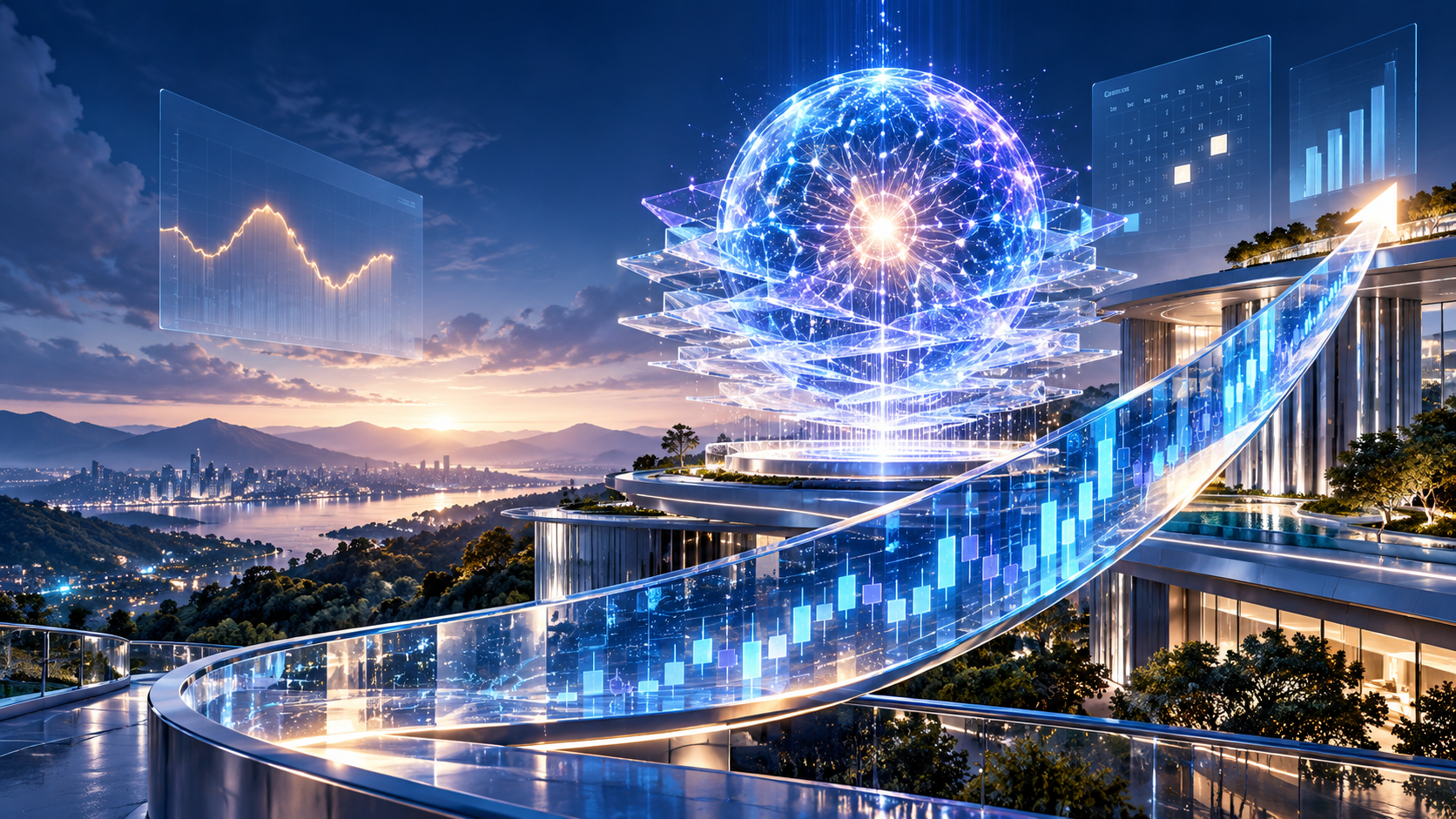 Futuristic cityscape at dusk with a glowing neural-globe sculpture, holographic charts, and a curved illuminated walkway.