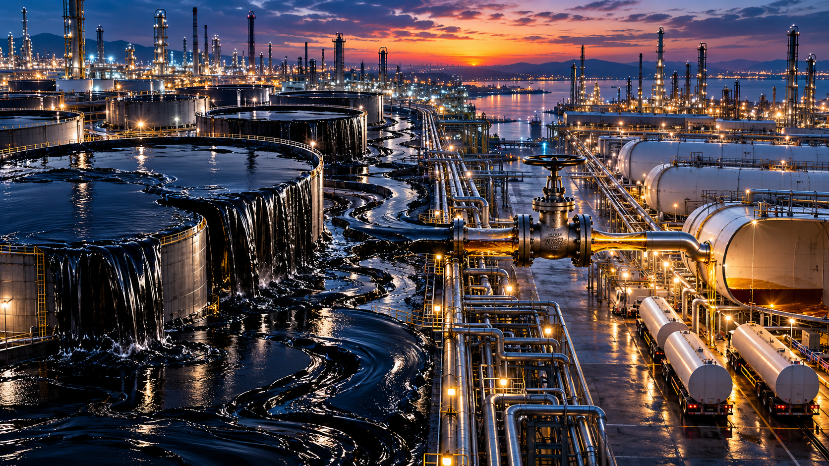 Oil refinery at dusk with large circular cooling ponds, extensive piping, and illuminated tanks and towers against a sunset sky