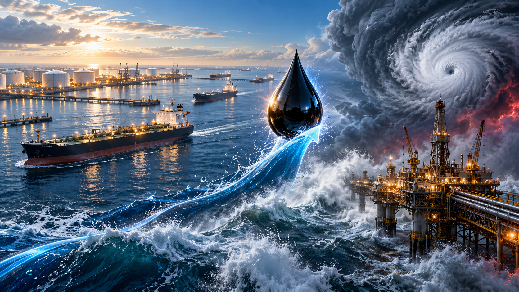 A giant glossy oil drop arcs over blue waves toward an offshore drilling platform, with ships and a port in the distance under a stormy sky.