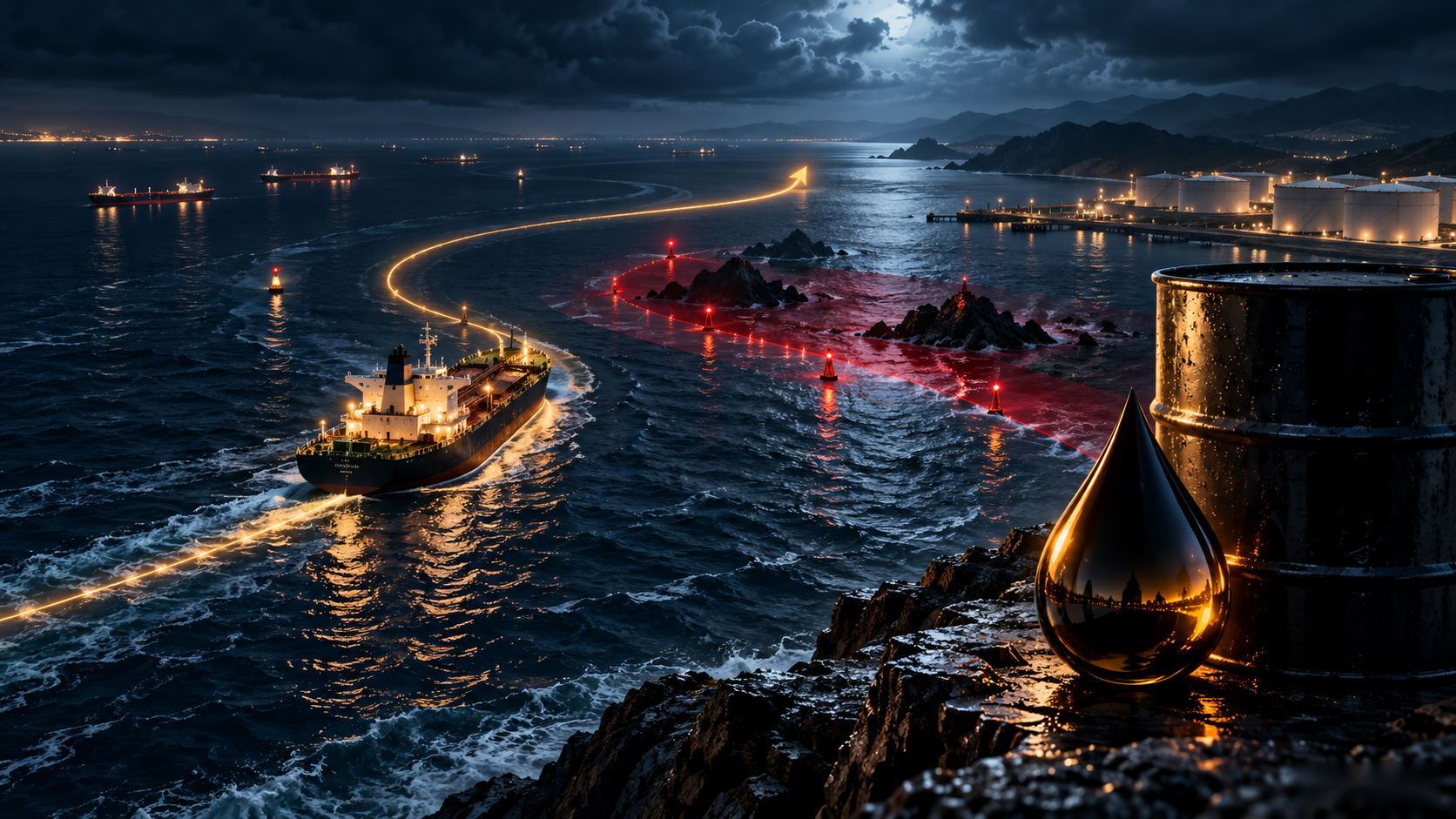 Nighttime harbor scene with a cargo ship following a glowing orange path toward rocks and red beacon lights, a large reflective amber drop sculpture in the foreground.