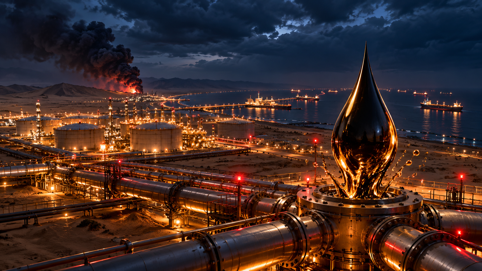 Oil refinery at dusk with glowing pipelines, storage tanks, and a large flare flame in the foreground; ships dot the horizon.