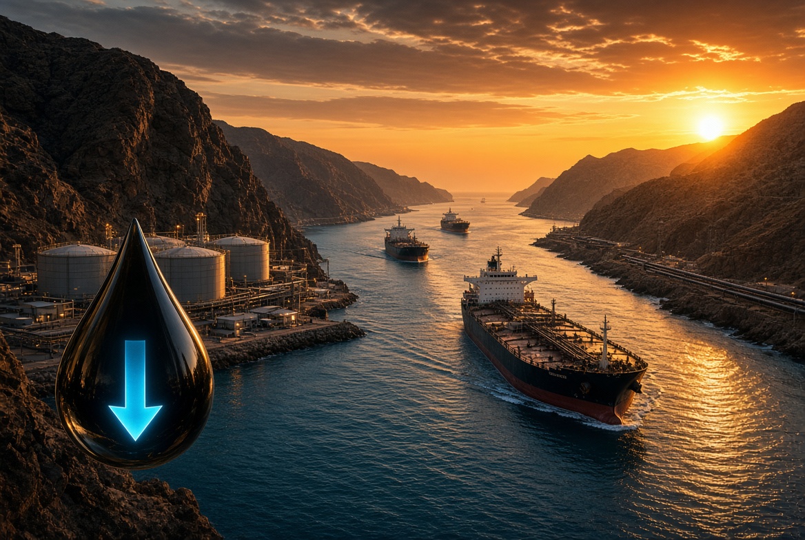 Sunset over a port with several tanker ships; a large glossy black oil drop with a blue downward arrow dominates the foreground.",