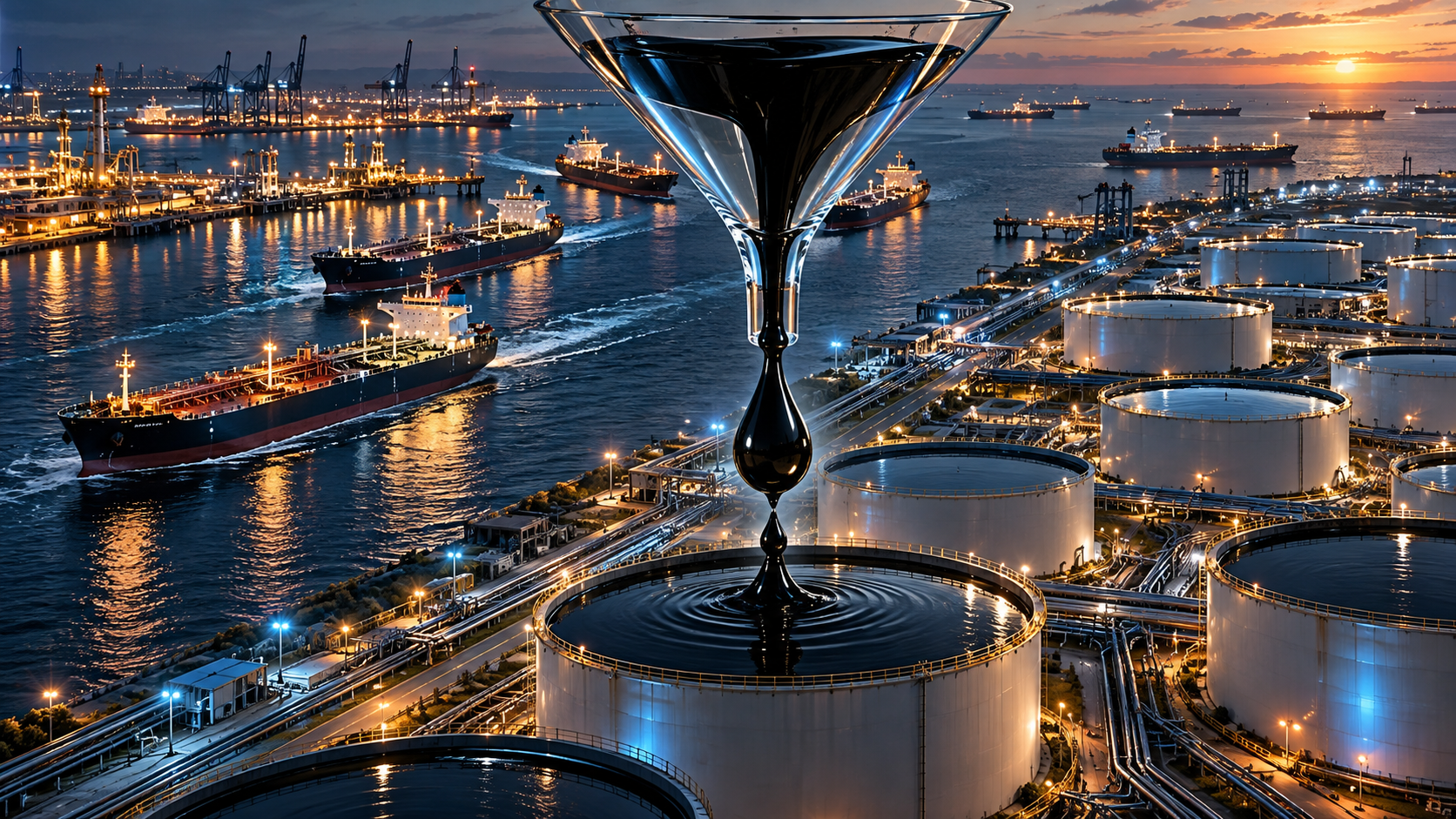 Surreal scene with a giant martini glass pouring black liquid onto an oil refinery at sunset, ships on the water nearby.