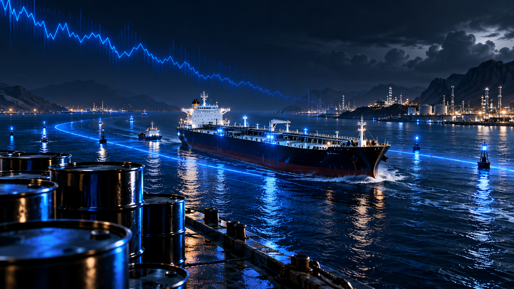 Night scene of a large tanker sailing in a harbor at dusk, with blue neon navigation lights and industrial skyline in the background, barrels in the foreground.