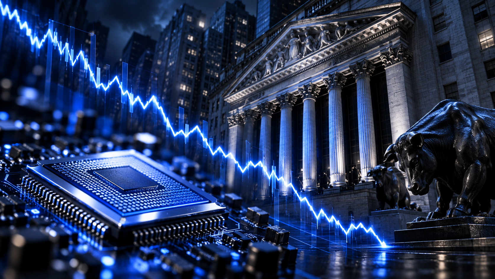 Blue financial scene: a stock chart over a circuitry board in front of a neoclassical bank facade with bull statues.