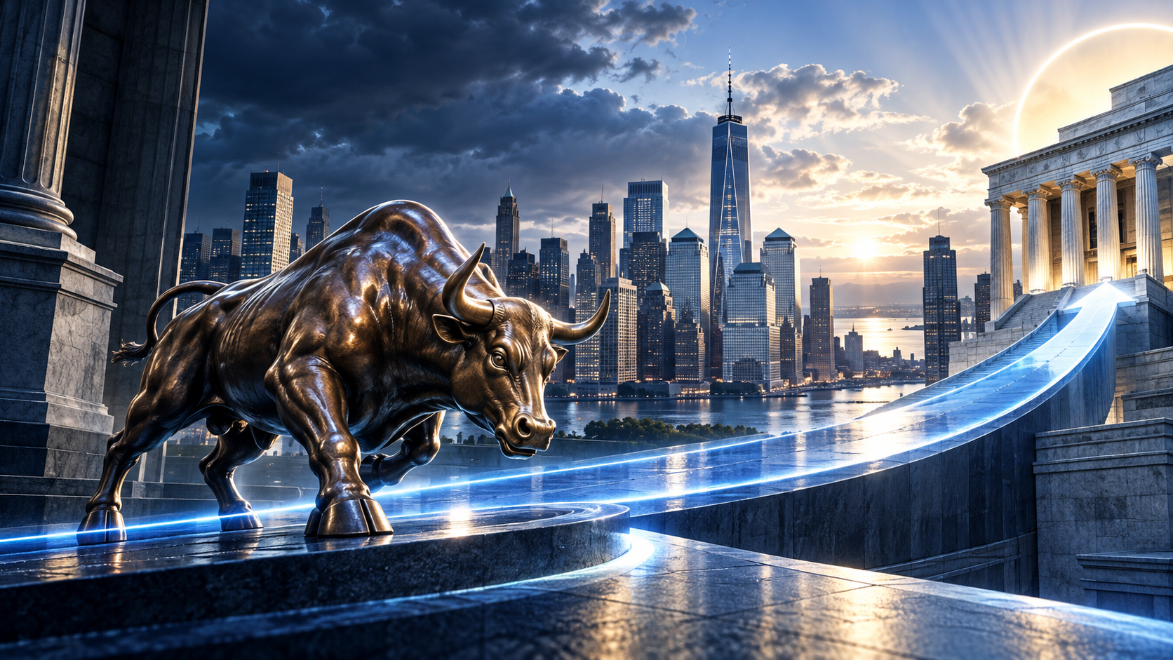 Bronze bull statue charging along a curved blue-lit ramp with a modern city skyline at sunset in the background.
