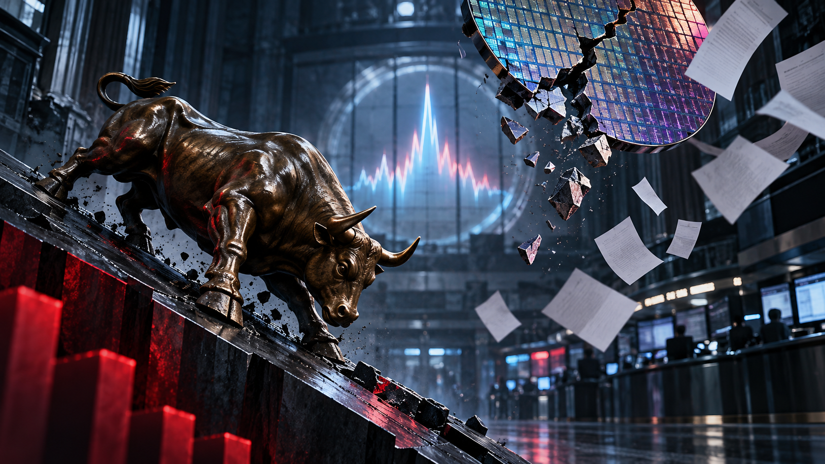 Bronze bull charging down a tilted platform in a chaotic stock market scene, with flying papers and a shattered circular data screen.