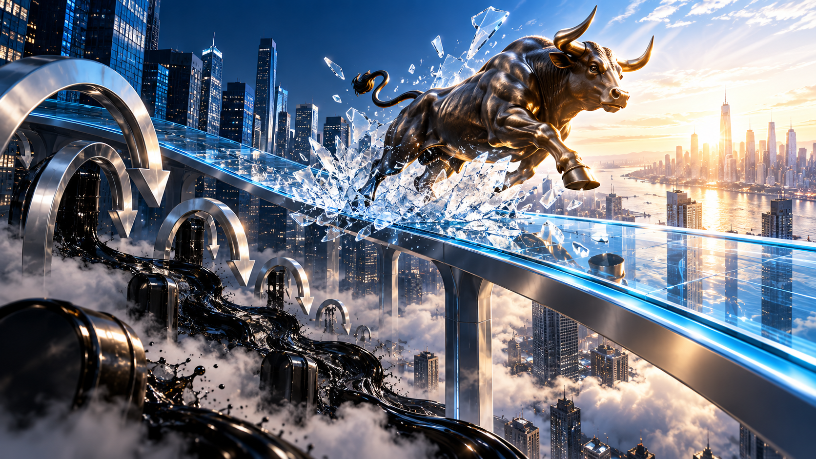 Bronze bull charging across a glass bridge above a futuristic city, shards flying to symbolize a bullish market surge.