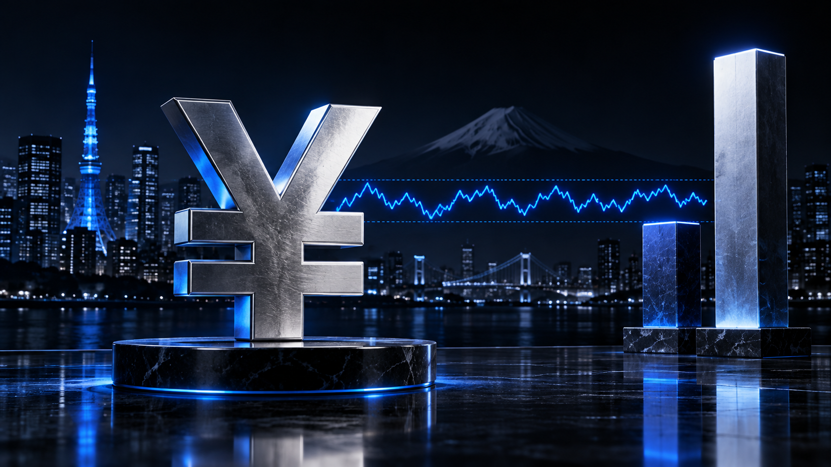Oversized metallic yen symbol on a marble pedestal with a blue-lit city skyline and a fluctuating line graph in the background.